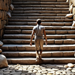 **

A person climbing a staircase made of rough stones, each stone representing a different challenge (e.g., "Failure," "Doubt," "Fear"). The person looks determined and is reaching for a bright light at the top, symbolizing self-discovery and potential. The overall tone is motivational and inspiring.

**