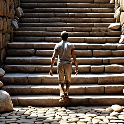 Home 11 **
A person climbing a staircase made of rough stones, each stone representing a different challenge (e.g., "Failure," "Doubt," "Fear"). The person looks determined and is reaching for a bright light at the top, symbolizing self-discovery and potential. The overall tone is motivational and inspiring.
**