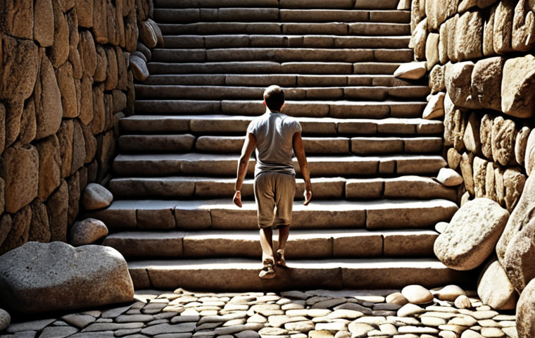**
A person climbing a staircase made of rough stones, each stone representing a different challenge (e.g., "Failure," "Doubt," "Fear"). The person looks determined and is reaching for a bright light at the top, symbolizing self-discovery and potential. The overall tone is motivational and inspiring.
**