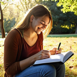 **

A person journaling outside on a sunny morning, expressing gratitude with a warm smile and sunlight filtering through the trees. Focus on capturing a sense of peacefulness and appreciation for the small joys in life.

**