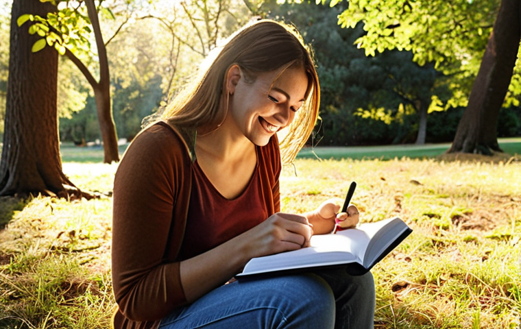 **
A person journaling outside on a sunny morning, expressing gratitude with a warm smile and sunlight filtering through the trees. Focus on capturing a sense of peacefulness and appreciation for the small joys in life.
**